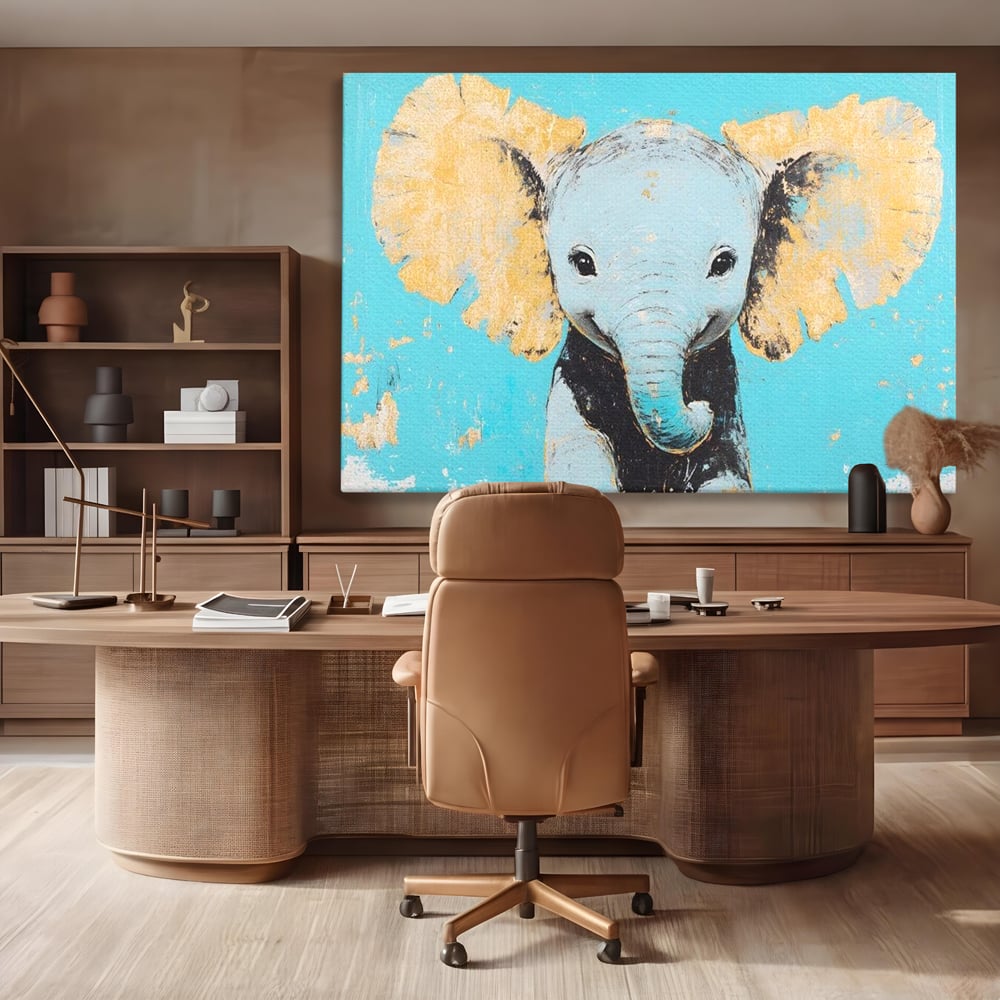 Tablou canvas cu tablou canvas cu un pui de elefant, fara rama, pe sasiu de lemn, pe perete intr-un birou